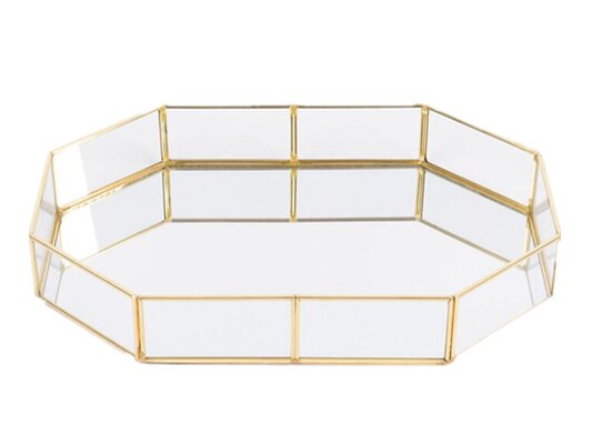 Antique Spacious Mirror Glass Cosmetic Storage Cube Set with 3 Tier Dustproof Drawers Vanity Tray/Gold Metal Makeup Storage: Large tray