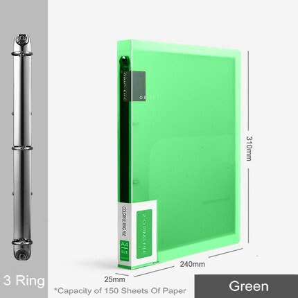 Carpeta de archivos con 3 anillas de colores, organizador de papel A4, 2 anillas transparentes, fundas organizadoras de documentos, carpeta de PVC A4: 3 Ring    Green