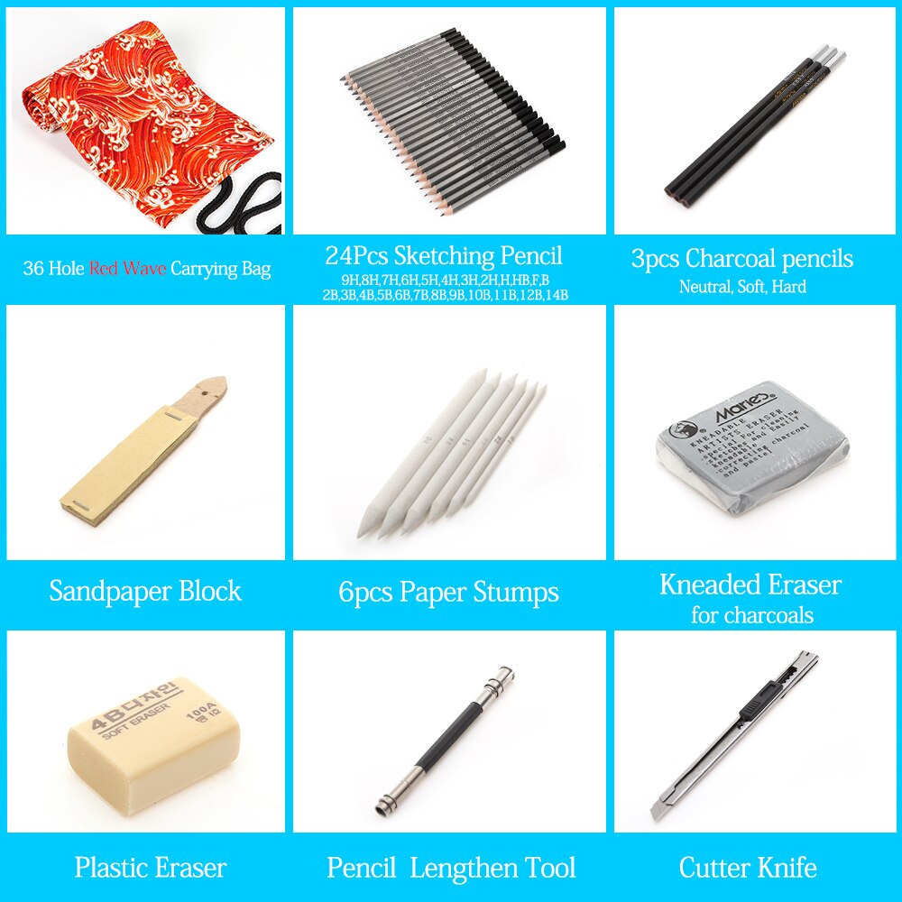 27/39pcs Sketch Pencil Set Sketching Drawing Kit Wood Pencil Pencil Bags For Painter School Students Art Supplies: 36 Red Wave Set
