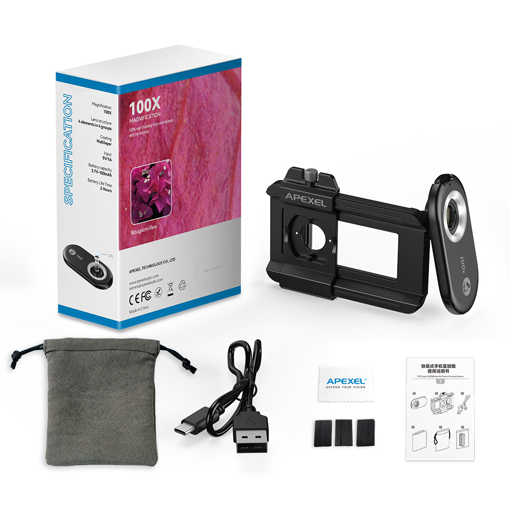 APEXEL nueva lente de microscopio 100X-200X mejorada 3 en 1 Kit de lentes de cámara de teléfono lentes macro con luz LED para todos los teléfonos inteligentes: Negro