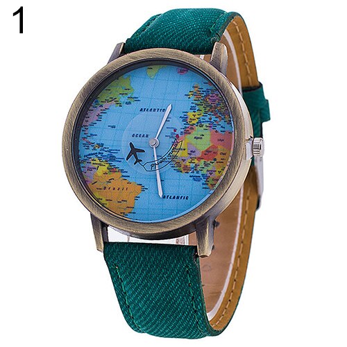 Mini verden kvarts ur mænd unisex kort flyvemaskine rejser rundt om i verden kvinder læder kjole armbåndsur: Grøn