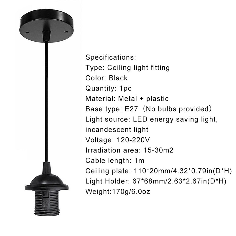 Vintage Ceiling Rose Pendant Light Fitting Light Base E27 Lamp Holder Black Metal plastic 120-220V 1m Cable Lighting Lamp Base