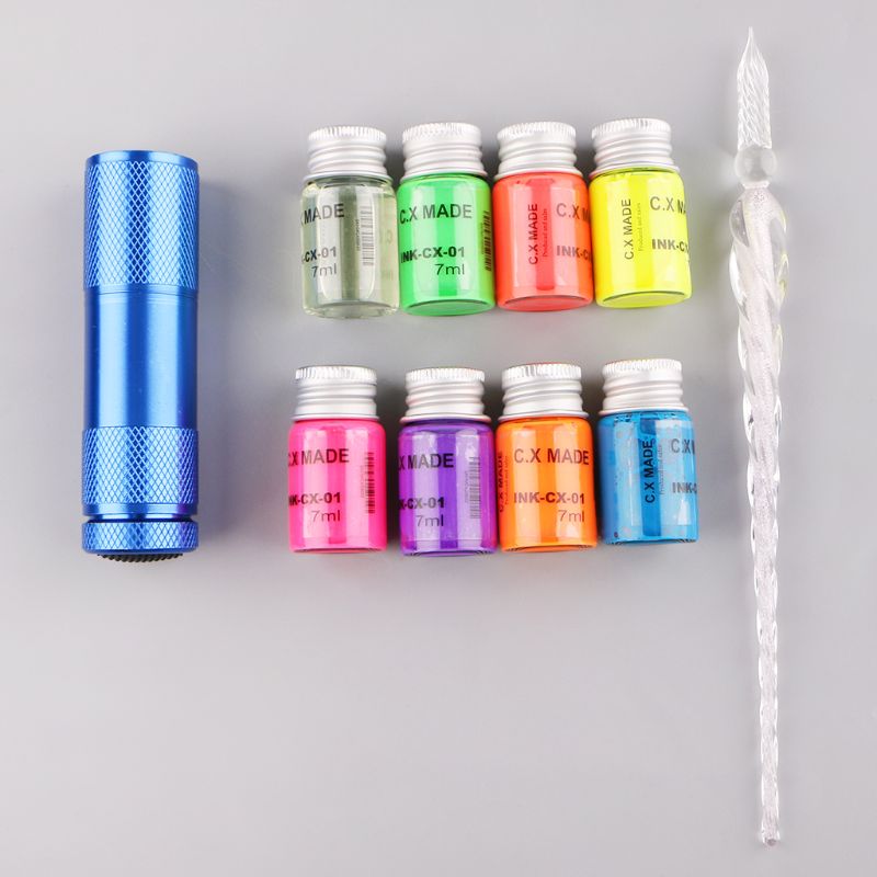 10Pcs/Set Invisible Fluorescence Bottled Dip Signature Pen Ink With Glass Fountain Dip Writing Pen Art Supplies K3KB