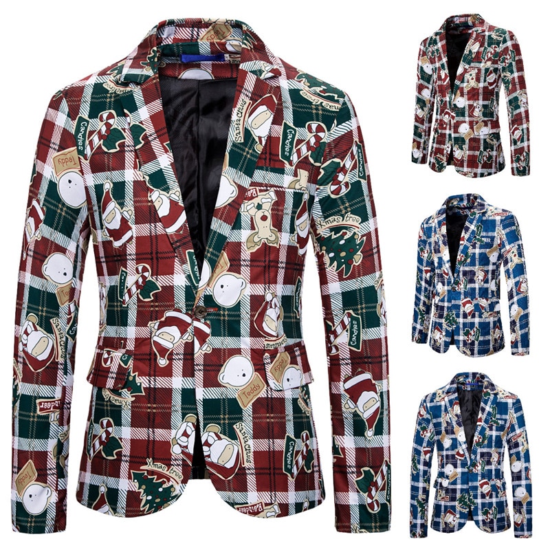 hommes Blazer noël père noël imprimer costume veste manteaux décontracté fête bal mince scène Costumes vêtements pour hommes