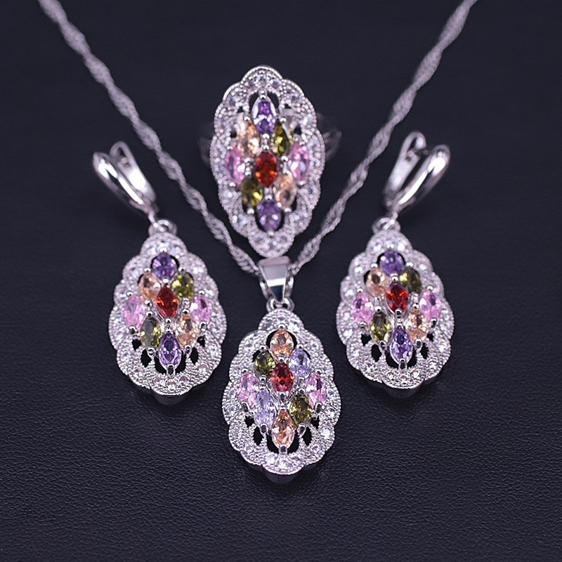 Ensemble de bijoux pour femmes, plusieurs couleurs, Top Zircon couleur argent, bijoux de Costume, cerceau, boucles d'oreilles, bague, collier pendentif, ensemble de bijoux de mariée: three piece / 10