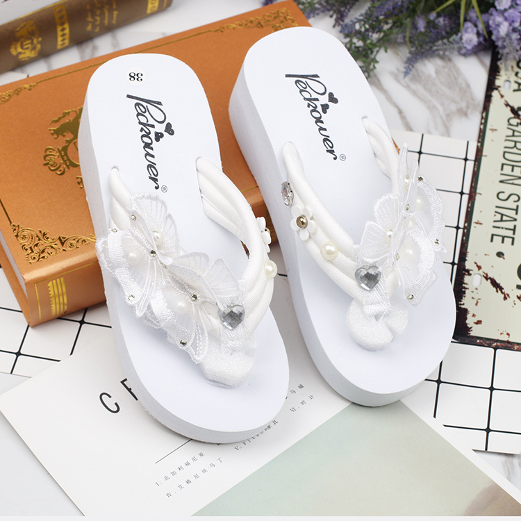 Koreaanse Handgemaakte Parel Vlinder Slippers Vrouwelijke Zomer antislip Strand Wit Platform Wedge Slippers Schoenen Goedkope Online 6 cm