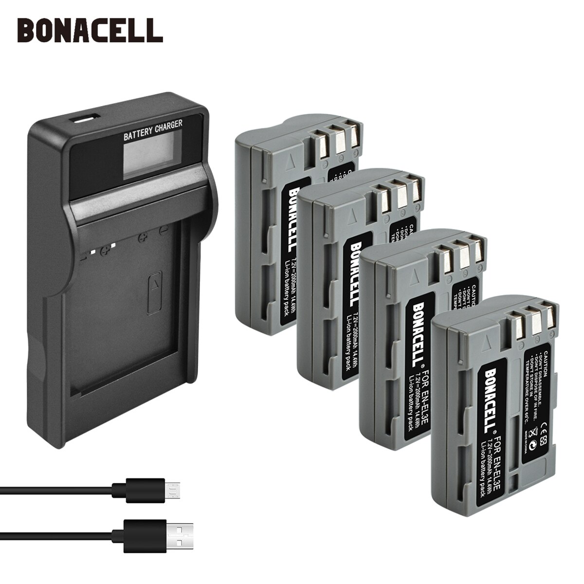 Bonacell 2000mAh EN-EL3E batería y LED cargador para Nikon D50 D70 D70s D80 D90 D100 D200 D300 D300S D700 Cámaras SLR digitales L5: 4XBattery-LCDCharger