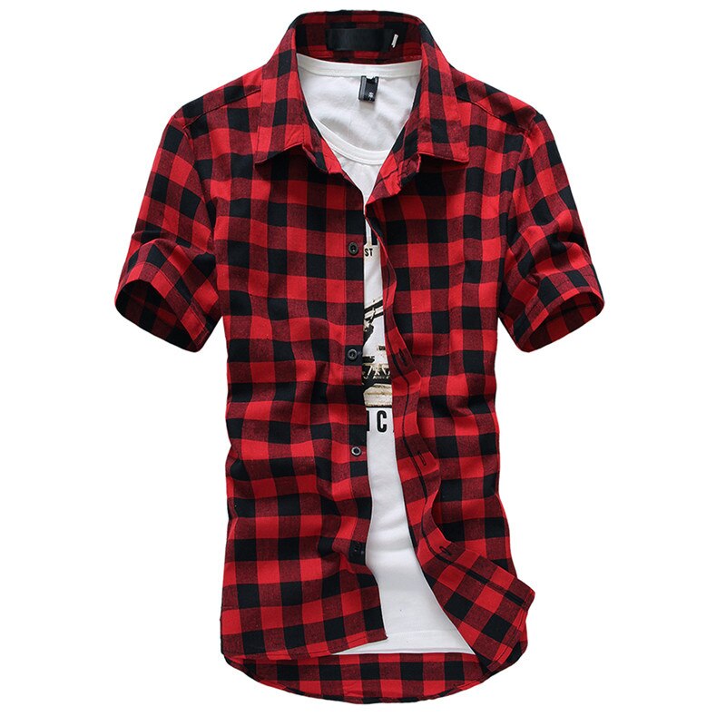 Rød og svart rutete skjorte herre sommer kul casual outwear herre kjole skjorter camisa sosial skjorte herre: Rød / L