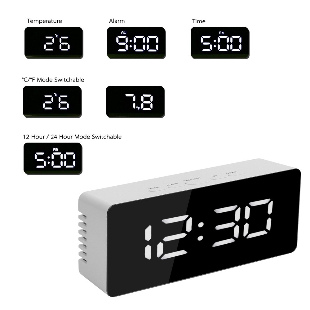 Digital LED Display Desktop Clock Thermometer Mirror Clock with Snooze Function USB & Battery Operated Desk Table Alarm Clocks
