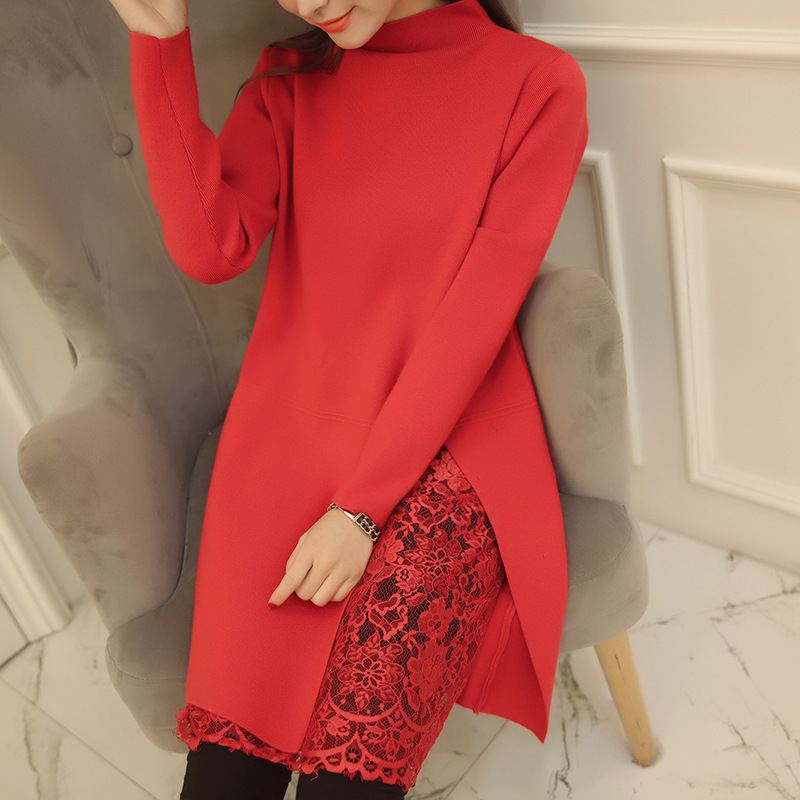 Herfst Winter Lange mouwen Slanke Trui Truien Vrouwelijke Lace Hollow Out Split Gebreide Trui Casual Gebreide Jurk Jurk q32: Rood