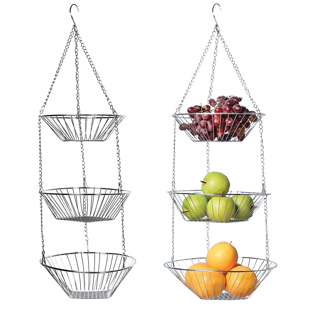 3 Tier Wire Hanging Fruit Basket Home Kitchen Metal Vegetable Storage Organizer Basket 3-Layer Baskets