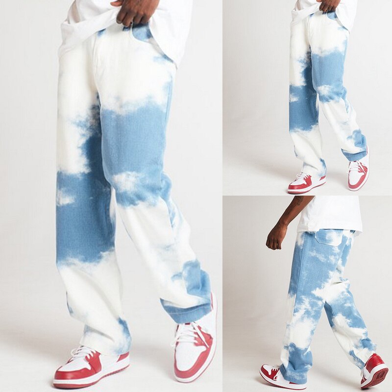 Men Casual Loose Straight Denim Pants Tie Dye Print Sky Blue Long Trouser Straight Jeans Button Fly Full Length High Cn(origin)