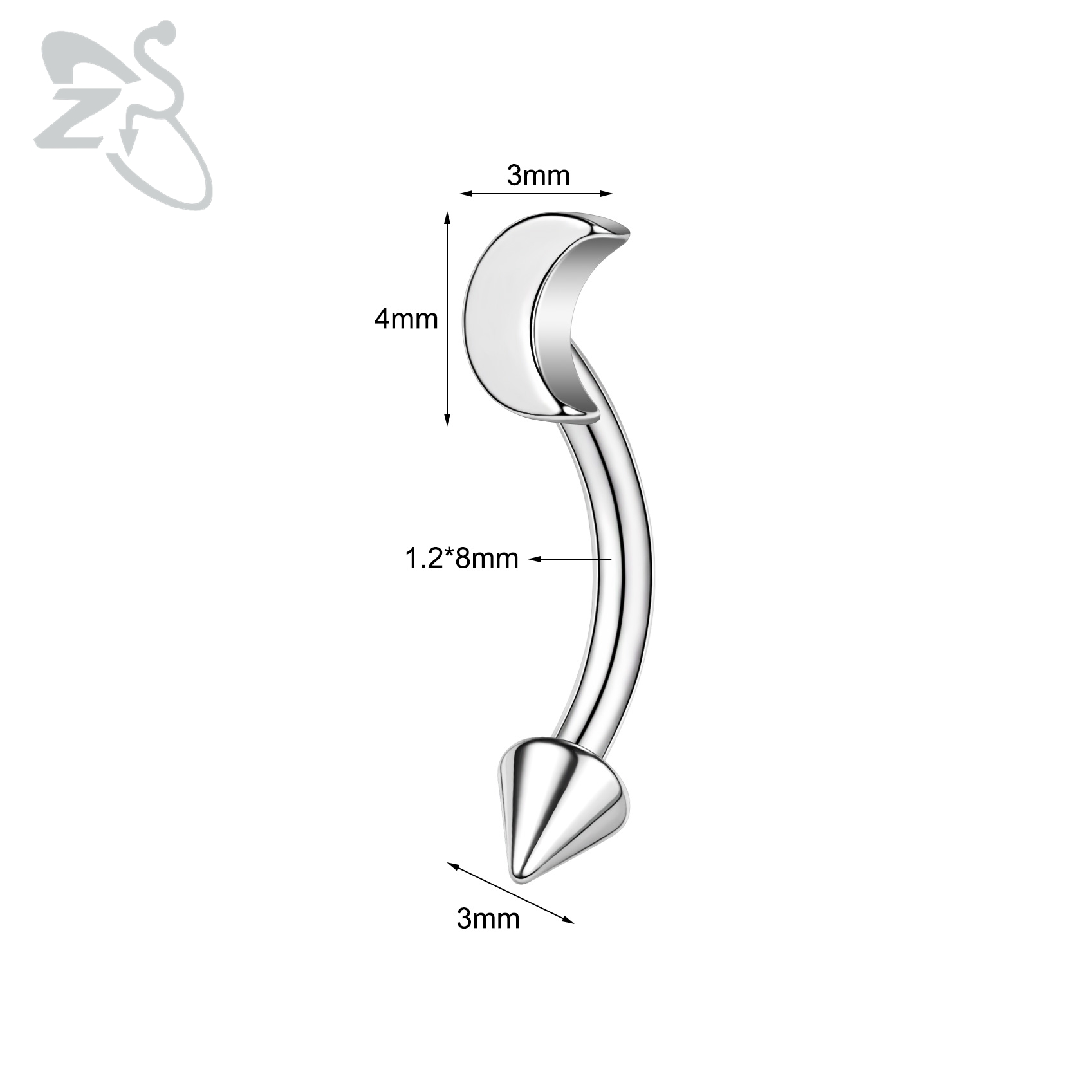 ZS 1 Piece 16G/20G Stainelss Steel Eyebrow Piercing Men Punk Rock Curved Eyebrows Ring Cross Spike Lip Belly Piercings Jewelry: Rhodium Plated