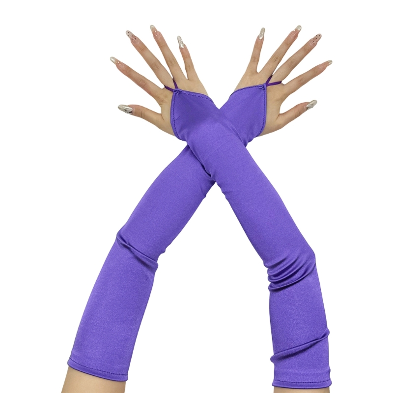 Long Gloves for Women Dancing Elastic Fingerless Gloves Satins: PURPLE