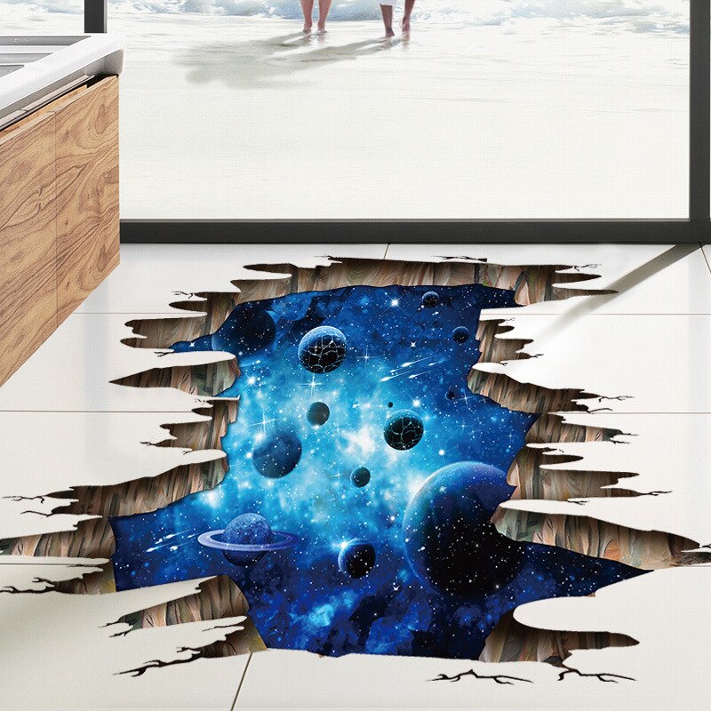 3D Floor/Muurstickers Creatieve Donkerblauw Galaxy Planeet Woonkamer Decoratie Decals Home Decor Landschap