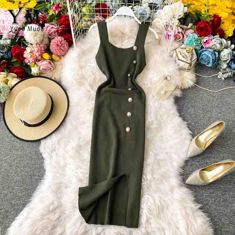 Yuoomuoo ins kvinder sommer strikkjole sommerknapper split bodycon kjole slank dame kontorkjole: Grøn