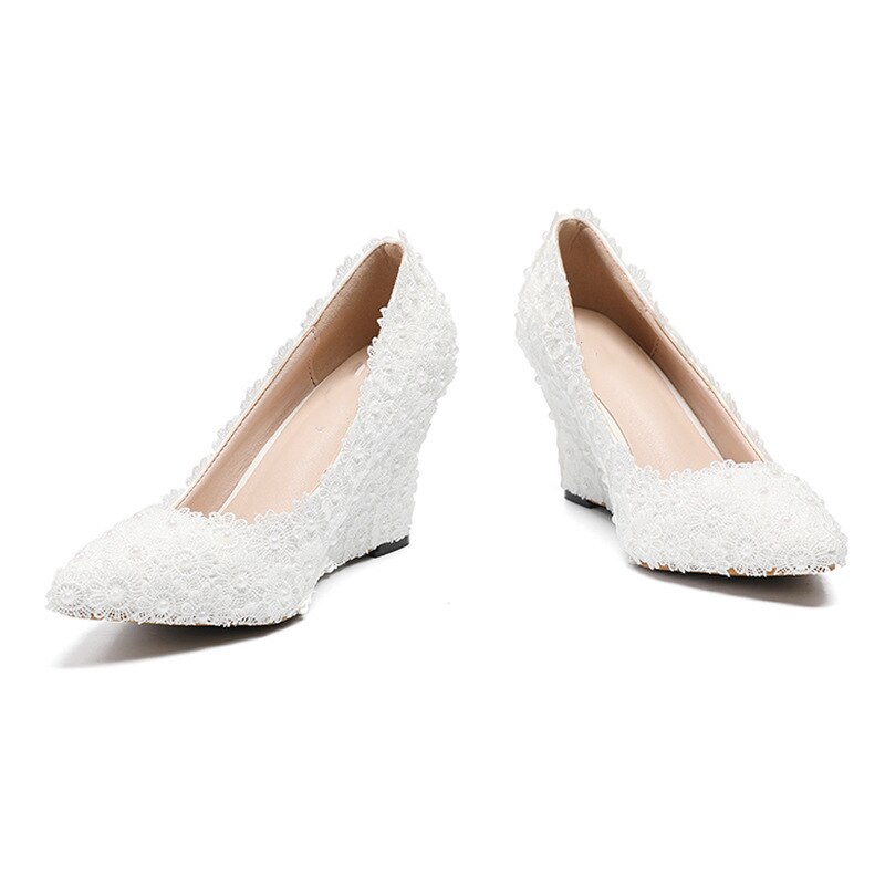 Dress Women Pumps Wedges High Heels Party Shoes Women Nightclub Lace Slip On 8CM Pointed Toe Office &amp; Career Wedding Flower