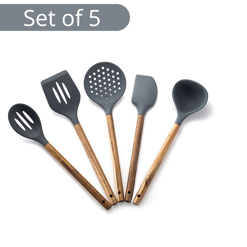 Silicone Cooking Utensil Set of 6, Nonstick Cooking Spatulas, Spoon, Strainer, Slotted Spoon, Pasta Fork, Best Kitchen Gadgets: Set of 5