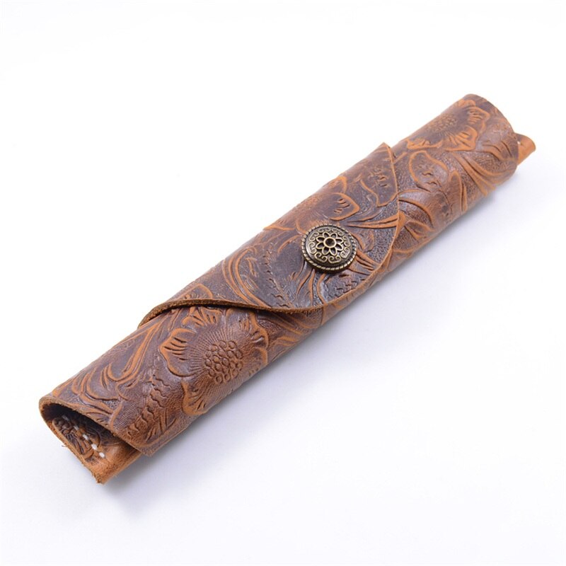 Leren Pennen Etui - Handgemaakt Drukknop - School Kantoor Retro: Bruin gesneden