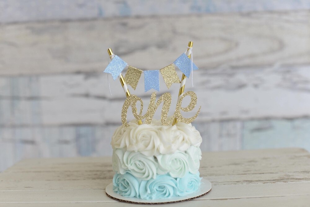 Números personalizados oro azul chico un pastel de adorno, primer pastel de cumpleaños, un juego de torta aplastada (Topper de pastel y pancarta)
