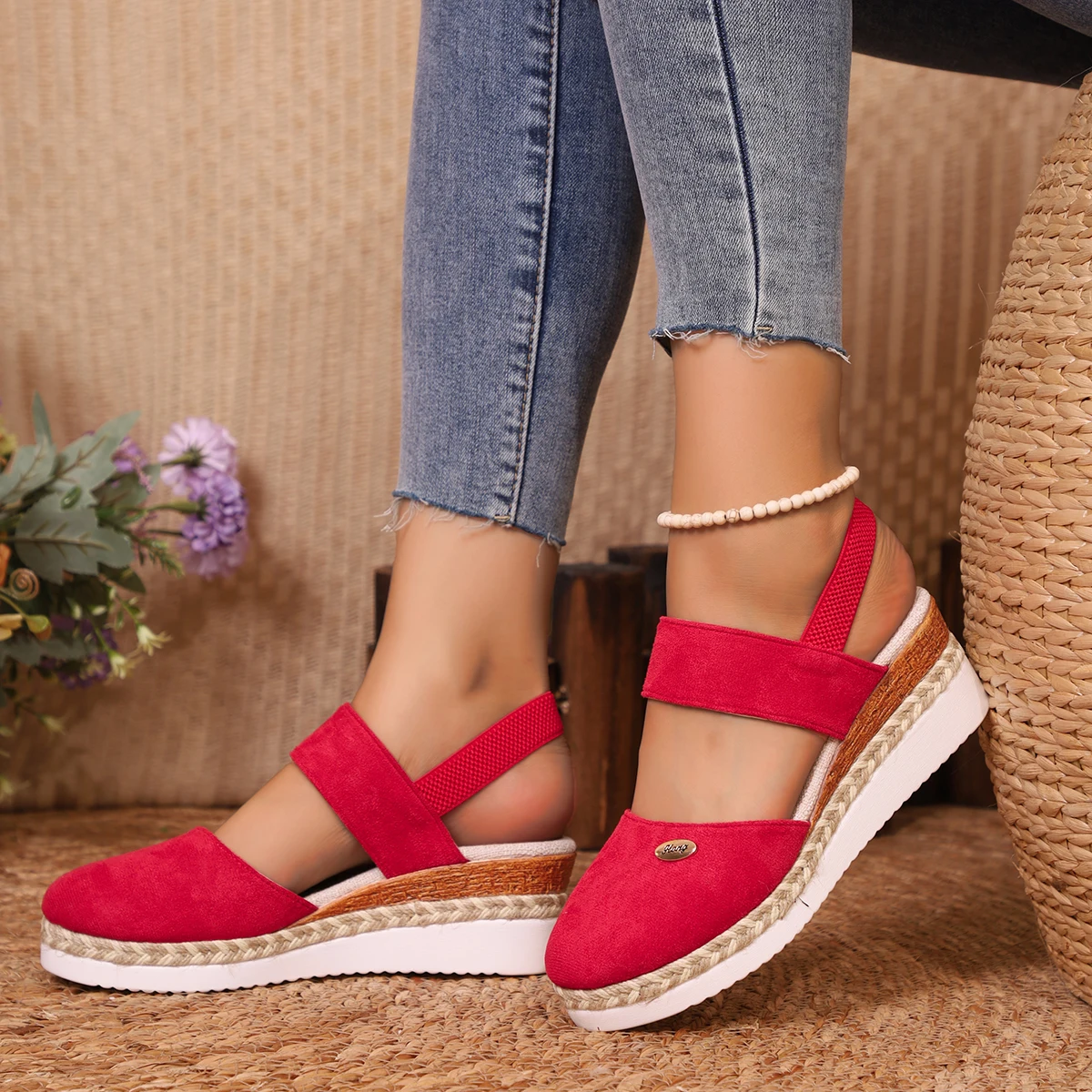 Summer Women Linen Plain 6cm Wedge Sandals Handmade Ladies Casual Comfortable womens shoes: Red / 41