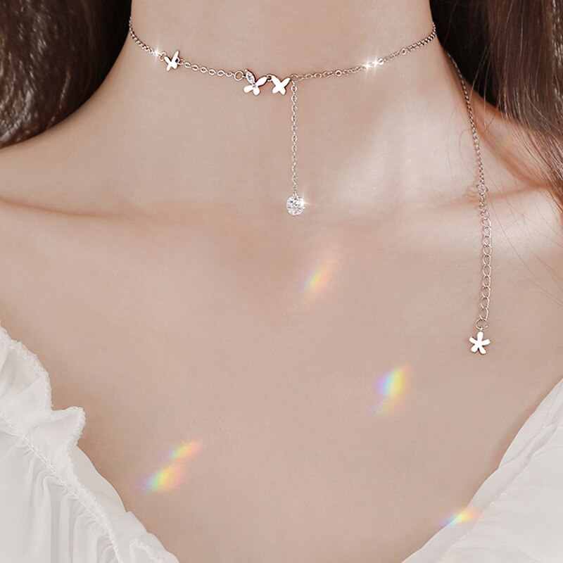 Süße Stil Silber Farbe Schmetterling Intarsien Zirkon Halskette Einstellbar Blume Kurze Quaste Kette Halskette Für Mädchen Frauen