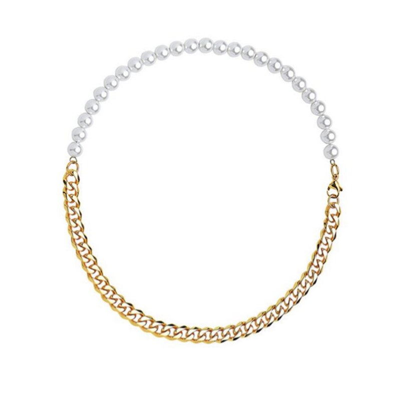 Rustfrit stål miami cuba kæde og halv 8mm perle halskæde til mænd og kvinder: Guld