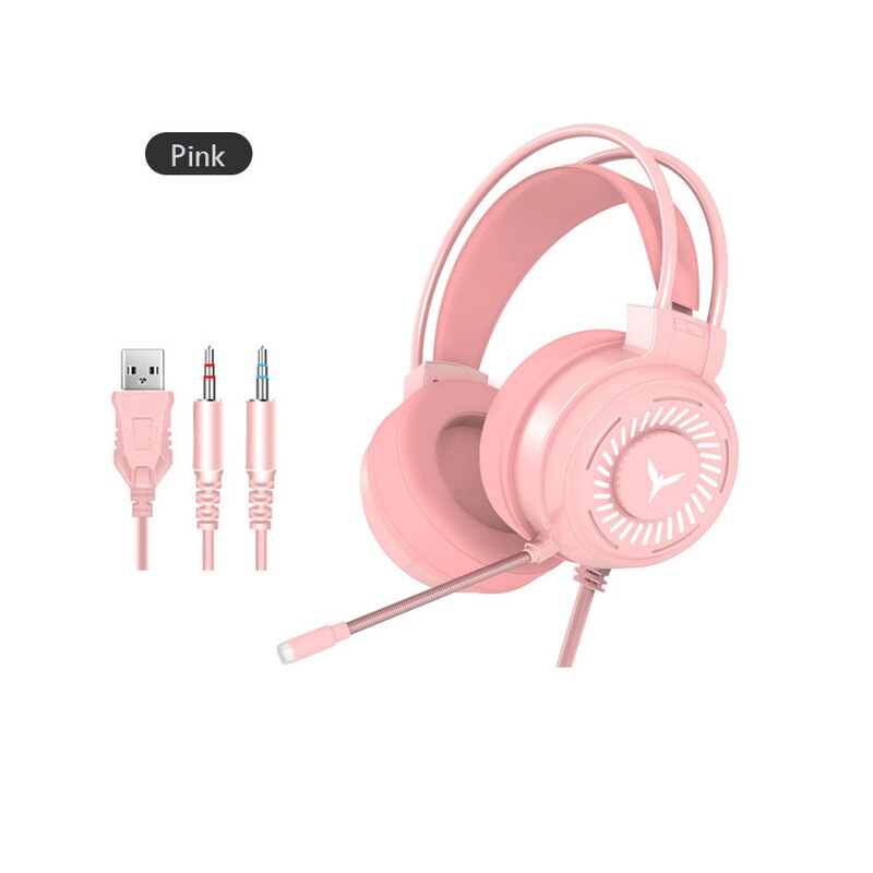 1pc Gaming Headsets Gamer Headphones Surround Sound Stereo Wired Earphones USB Microphone Colourful Light PC Laptop Game Headset: pink