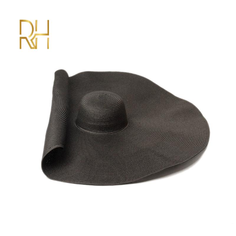 Big Beach Sun Straw Hat 30 40cm Brim 80 100cm Diameter Women Round Protect Travel Caps Foldable Super Large Straw Hat: black / adult size--70cm
