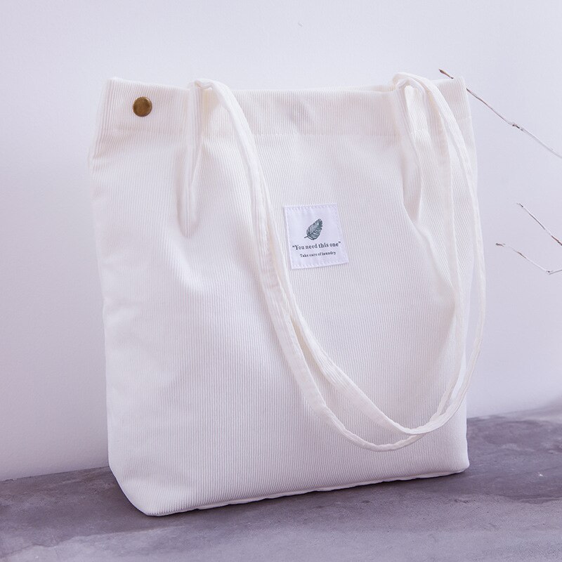 Tasker til kvinder corduroy skuldertaske genanvendelige indkøbsposer afslappet tote kvindelig håndtaske til et bestemt antal: Hvid