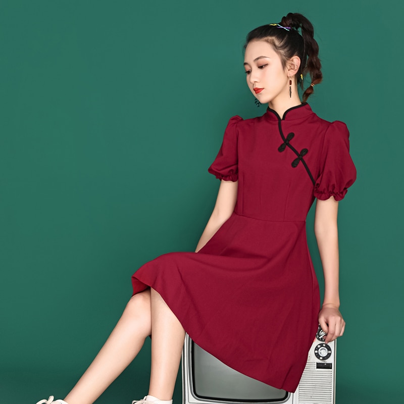 Robe Qipao traditionnelle chinoise Cheongsam, tenue traditionnelle pour femme, Style moderne, Vintage, robe Hanfu à manches courtes, été décontracté: Rouge / XL