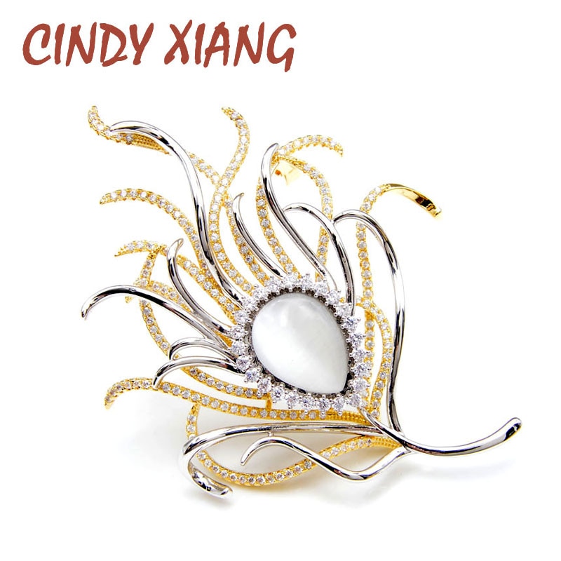 CINDY XIANG Cubic Zirconia Feather Brooches For Women Double Layer Beautiful Pin Brooch Luxury Jewelry Copper Material