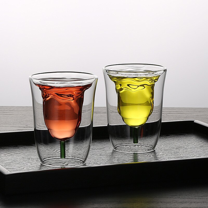 Rose Flower Shape Double Wall Glass Cup Heat-Resisting Wine Glasses Tea Mugs Milk Cocktail Whisky Cup Drinkware