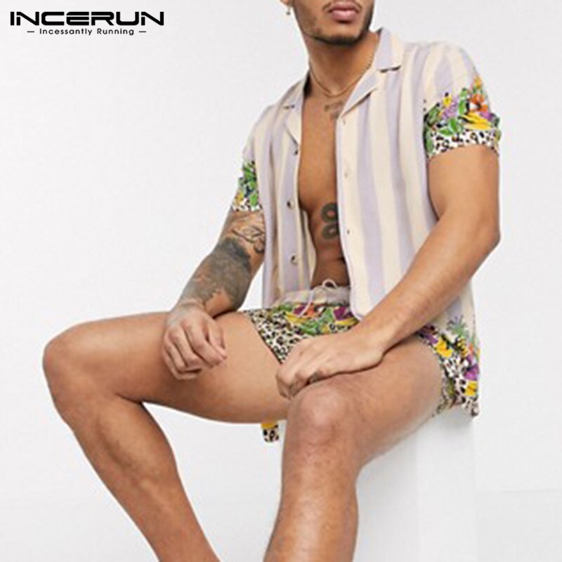 INCERUN, conjuntos Hawaianos para hombres, Impresión de playa, verano , camisa de solapa de manga corta, pantalones cortos, 2 piezas, ropa de calle, conjuntos para hombre