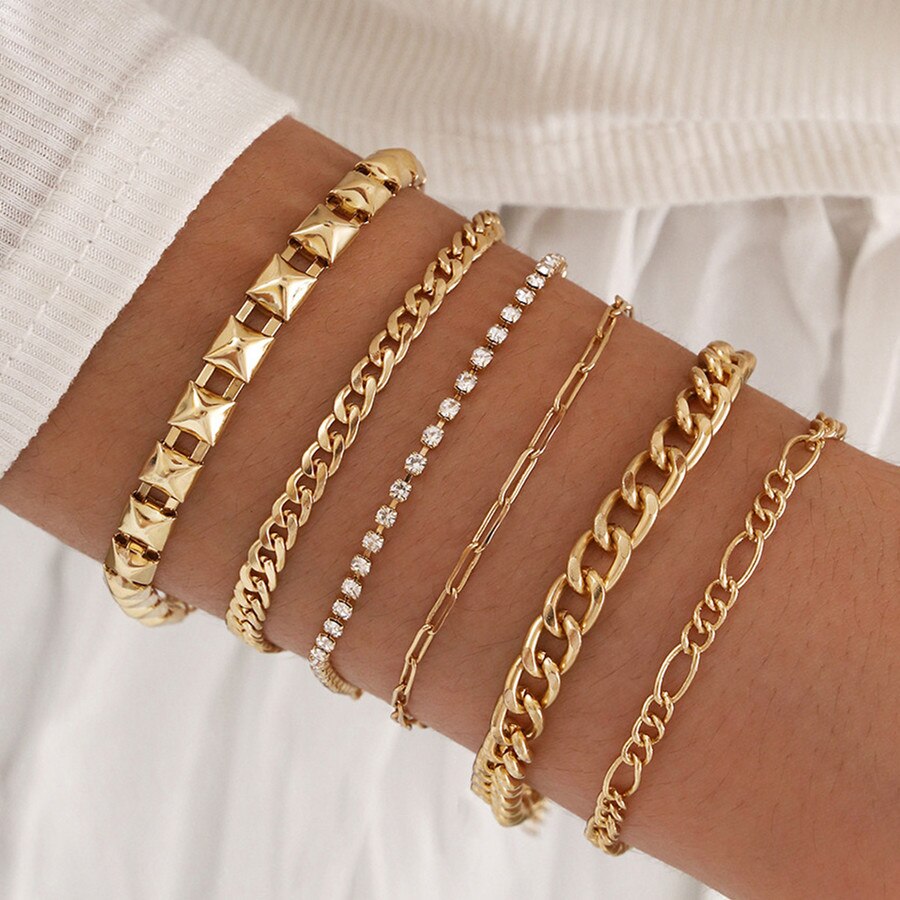 Diezi Vintage Multilayer Goud Kleur Dikke Ketting Armbanden Voor Vrouwen Simple Mode Crystal Rhinestone Armband Sets Sieraden: Gold-004