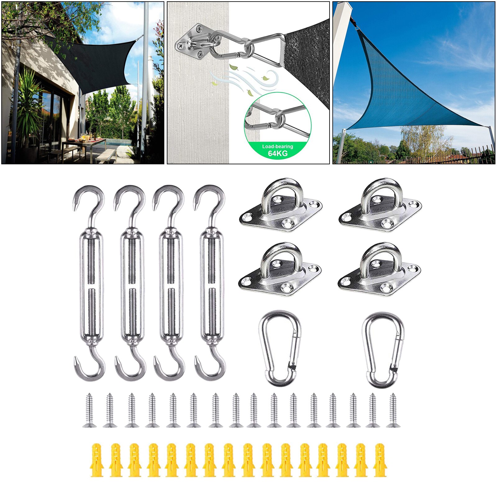 Awning Install Attachment Set Heavy Duty Sun Shade Sail 304 Stainless Steel Anti-Rust Hardware Kit for Home Garden Sunshade
