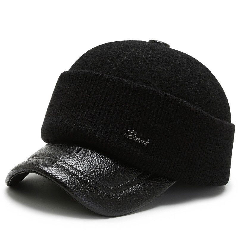 Gorra de esquí a prueba de viento para hombre, gorro de béisbol con orejeras, de lana, de Golf, Snapback, máscara de fieltro, protección para las orejas: black