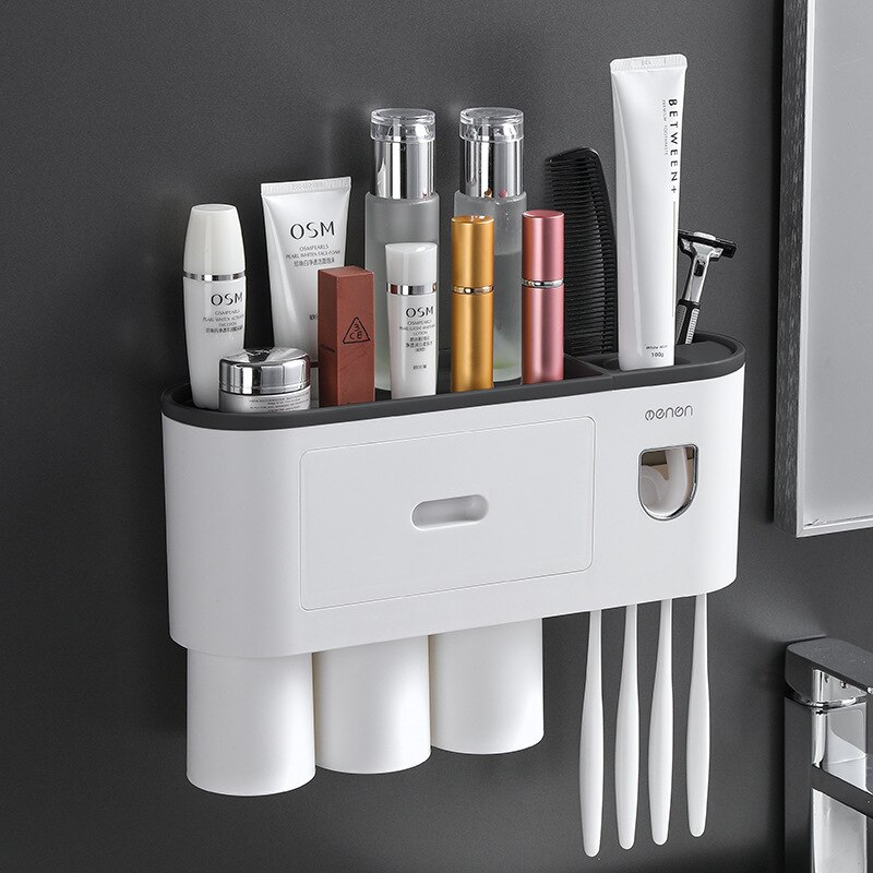 Magnetic Adsorption Toothbrush Holder Automatic Toothpaste Squeezer Home Storage Shelves Wall-mounted Bathroom Accessories Set: 3 Cups Black