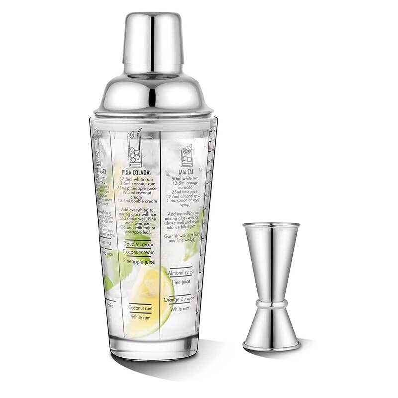 Glass Cocktail Shaker Printed with Recipes,14Oz Martini Shaker with Double Measuring Jigger, Drink Shaker,Bartender Kit