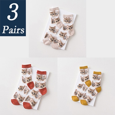 3 par kvinnor och #39 sommar genomskinliga nätstrumpor tecknad söt kattstrumpa bomull glasfilament tunna damstrumpor som andas: 9