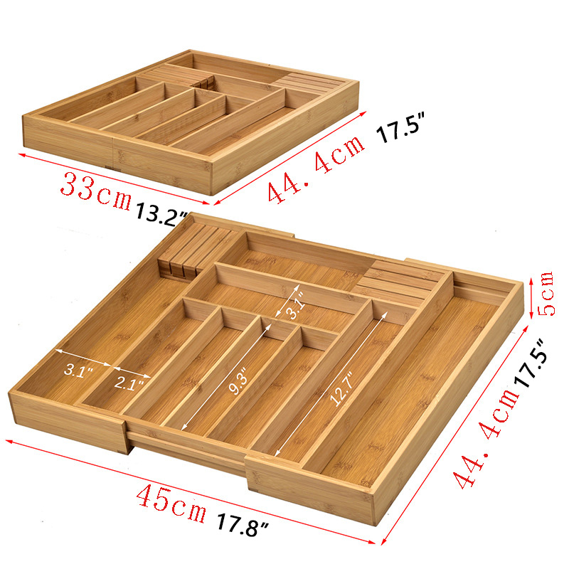 Bamboo Expandable Drawer Organizer, Premium Cutlery and Utensil Tray, Bamboo, Adjustable Kitchen Drawer Divider: 45x33x5cm
