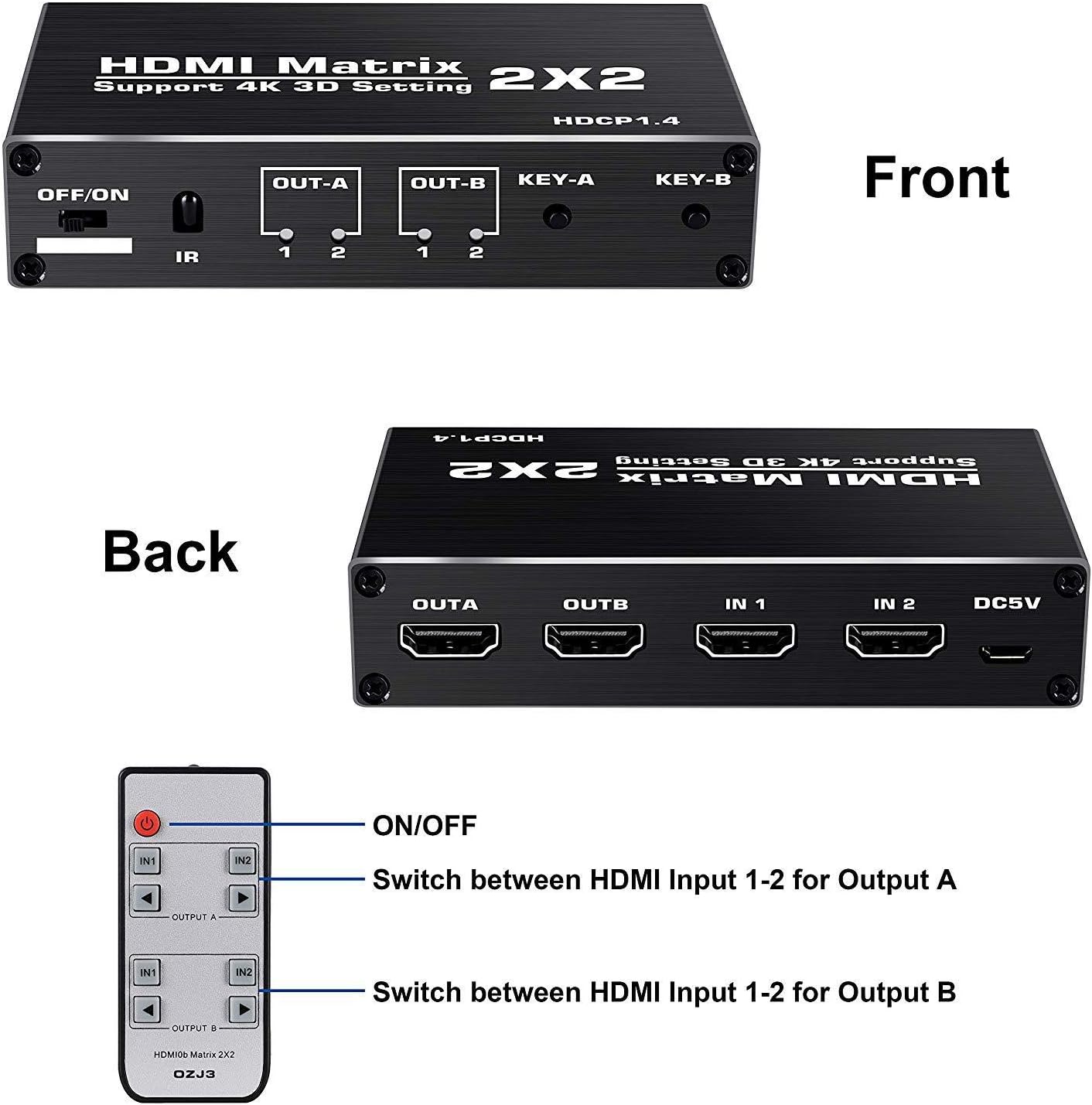 HDMI Matrix Switch 2x2 4K@60Hz HDMI Switch with IR Remote Control Support HDMI 2.0b, HDCP2.2, HDR10, Ultra HD, 3D