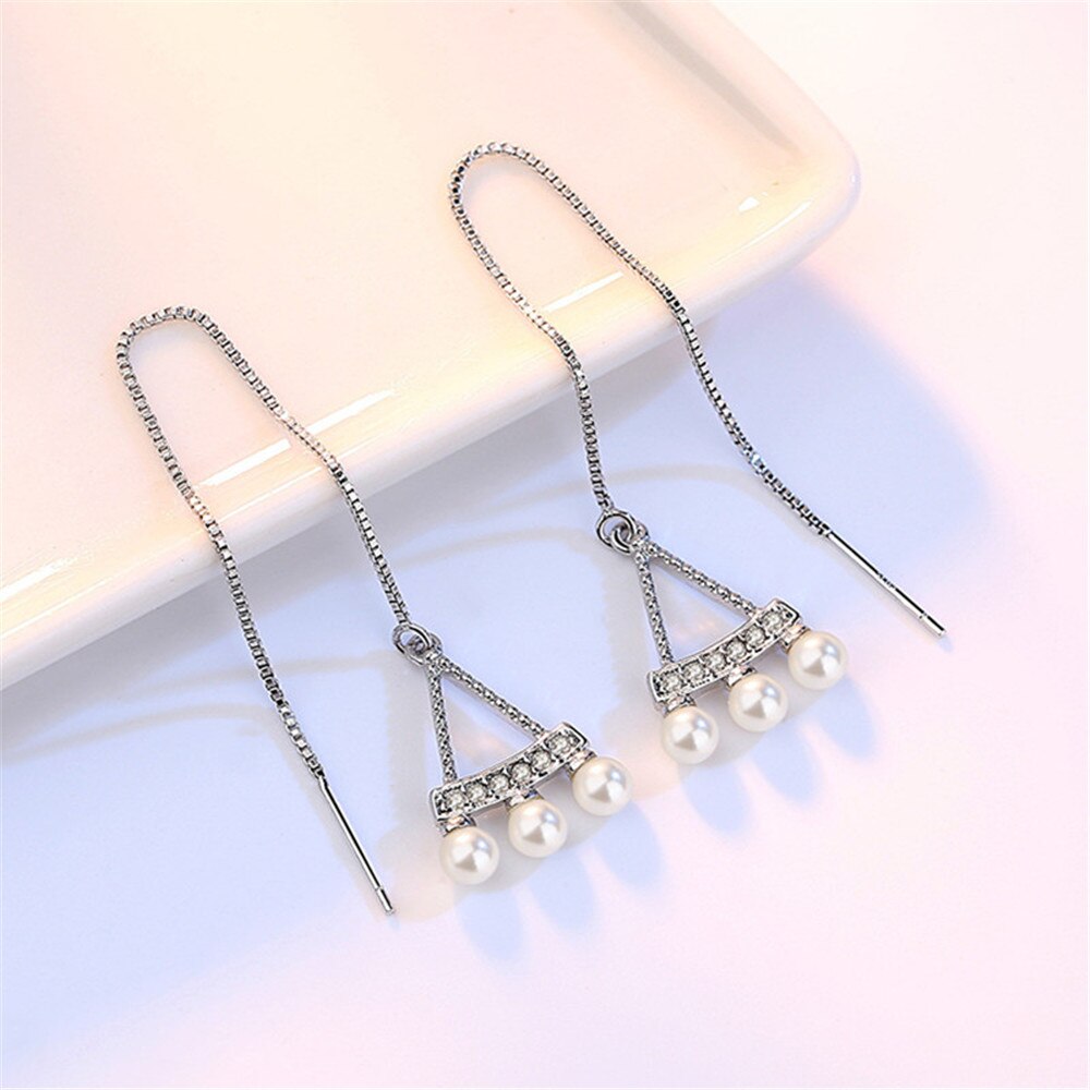 925 Sterling Silver Jewelry Woman Retro Dinette Ear Line Long Luxury Pearl Earrings Simple Girl Cute Brand