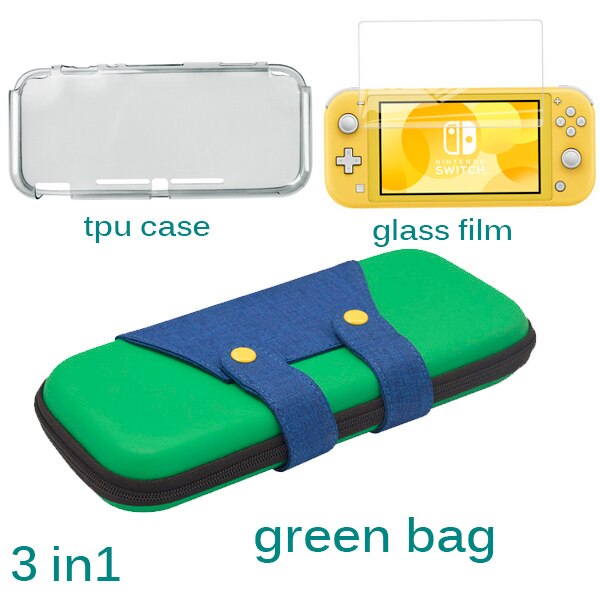 3 In 1 for Nintend Switch Lite Carrying Bag Switch Mini Protector Case for Nintendo Switch Mini Accessories Storage Glass Film: green 3 in 1