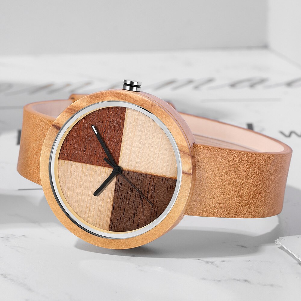 Wooden Quartz Movement Watch Men Lady Symmetrical Color Blocking Dial Wooden Strap Trend Couple Watch 2022 W367