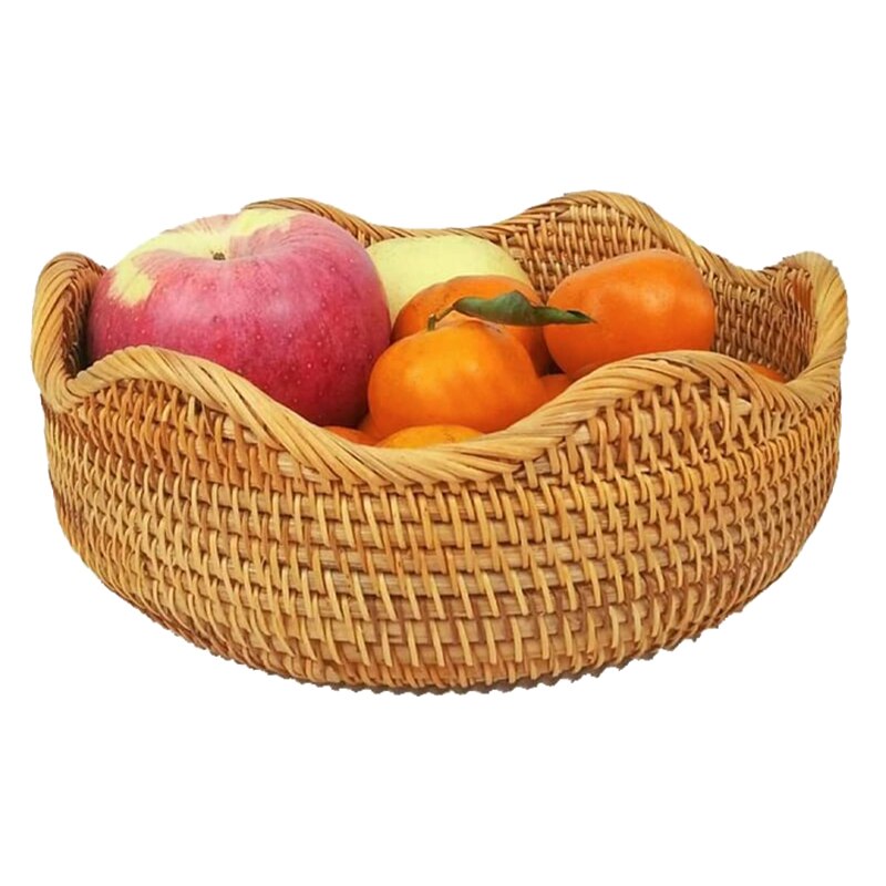 Handmade Rattan Round Fruit Basket Food Storage Bowls Kitchen Organizer Snack Serving Bowl (Large 11 inch)