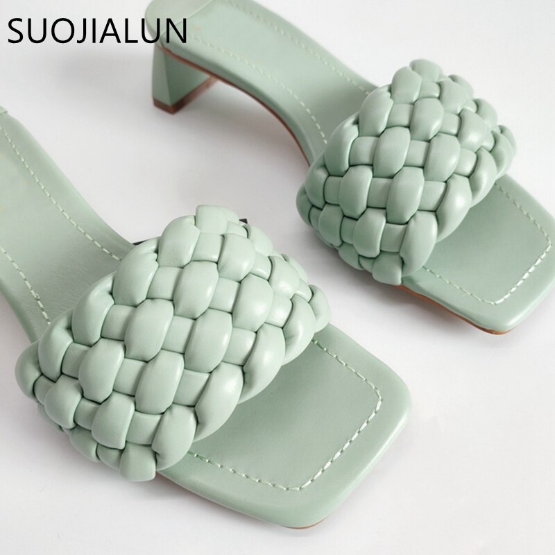 Suojialun merk dames zomer slippers geweven open teen pantoffel vierkante lage hak vrouwelijke strand slippers