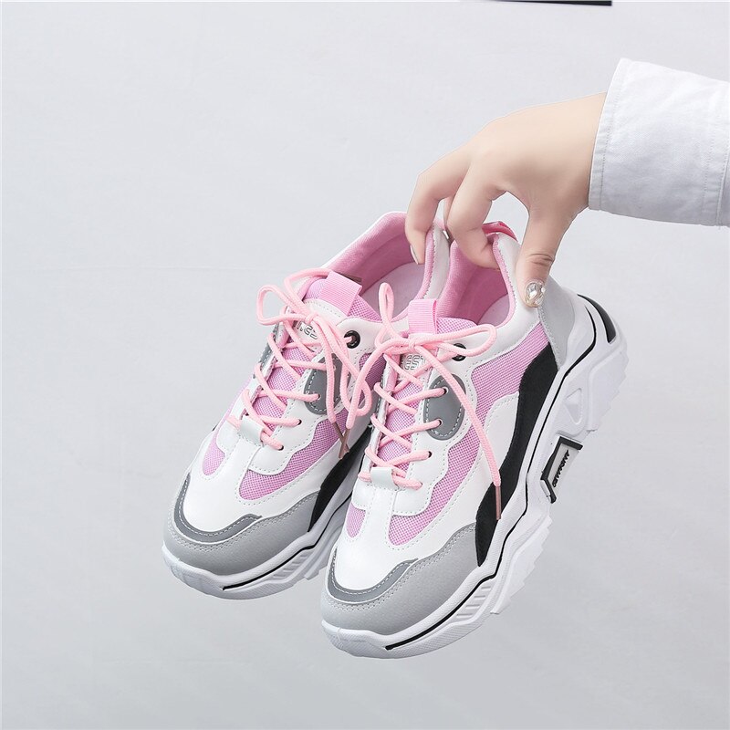 Direkt verkäufe Frühling Mädchen Neue sport Schuhe Frauen Turnschuhe Kreuz-gebunden Pailletten Dame Plattform Schuhe E14-44: Rosa / 10