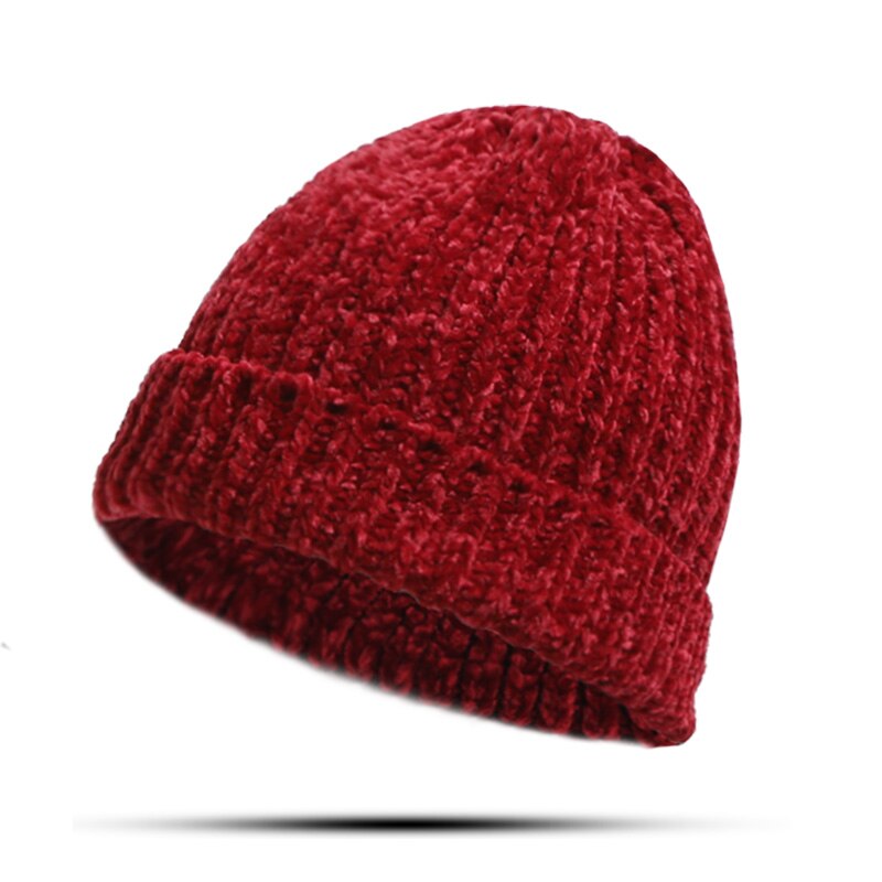 Bonnet épais en maille Chenille pour l&#39;hiver, mignon, décontracté, couleur unie, Skullies, Ski: C
