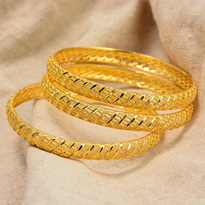 Wando Afrikaanse Gouden Kleur Glanzend Armbanden Voor Vrouwen Meisjes Dubai Cirkel Bruid Bruiloft Armband Ethiopische Sieraden: 3pcs